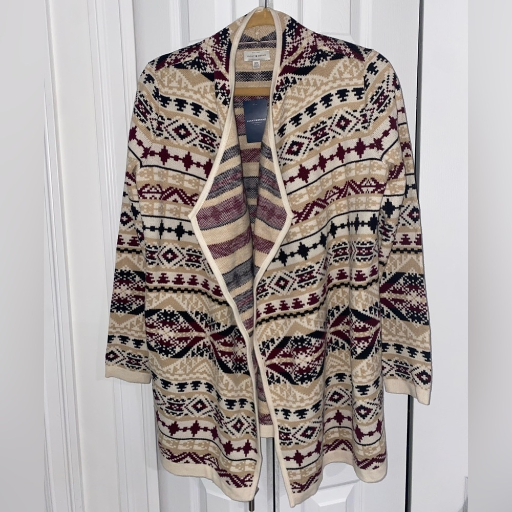 NWT Lucky Brand Jacquard Cable Knit Open Front Long Sleeve Cardigan Size M